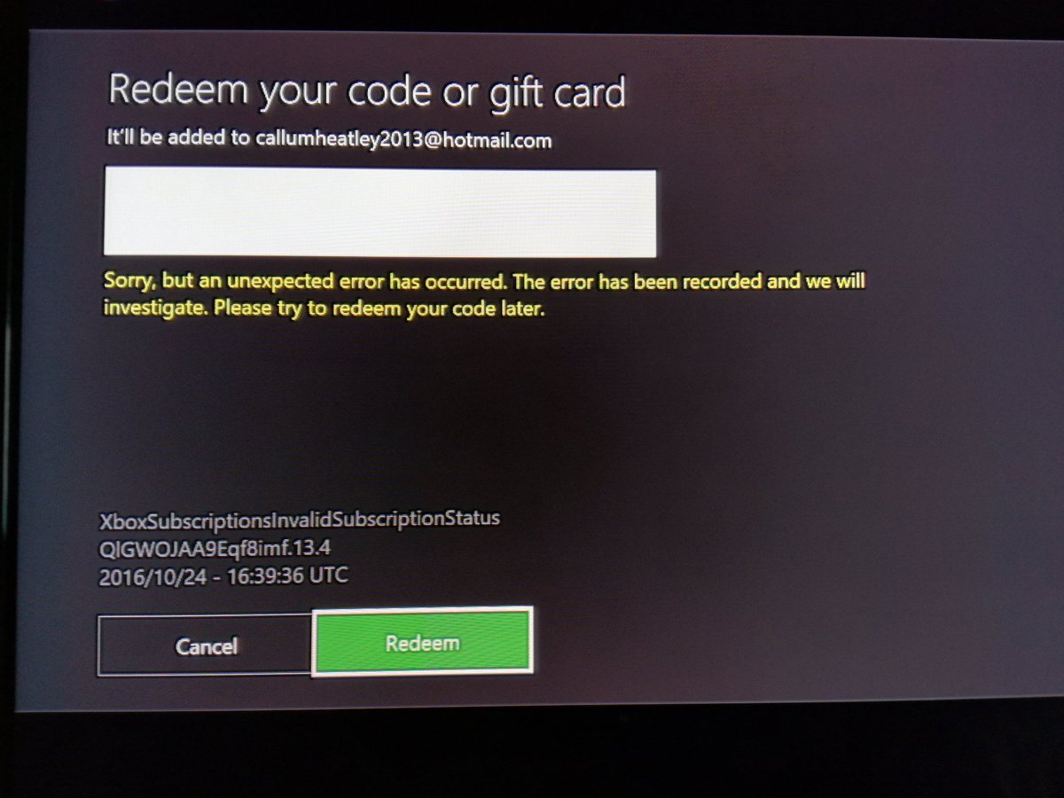 Xbox Redeem Code Error